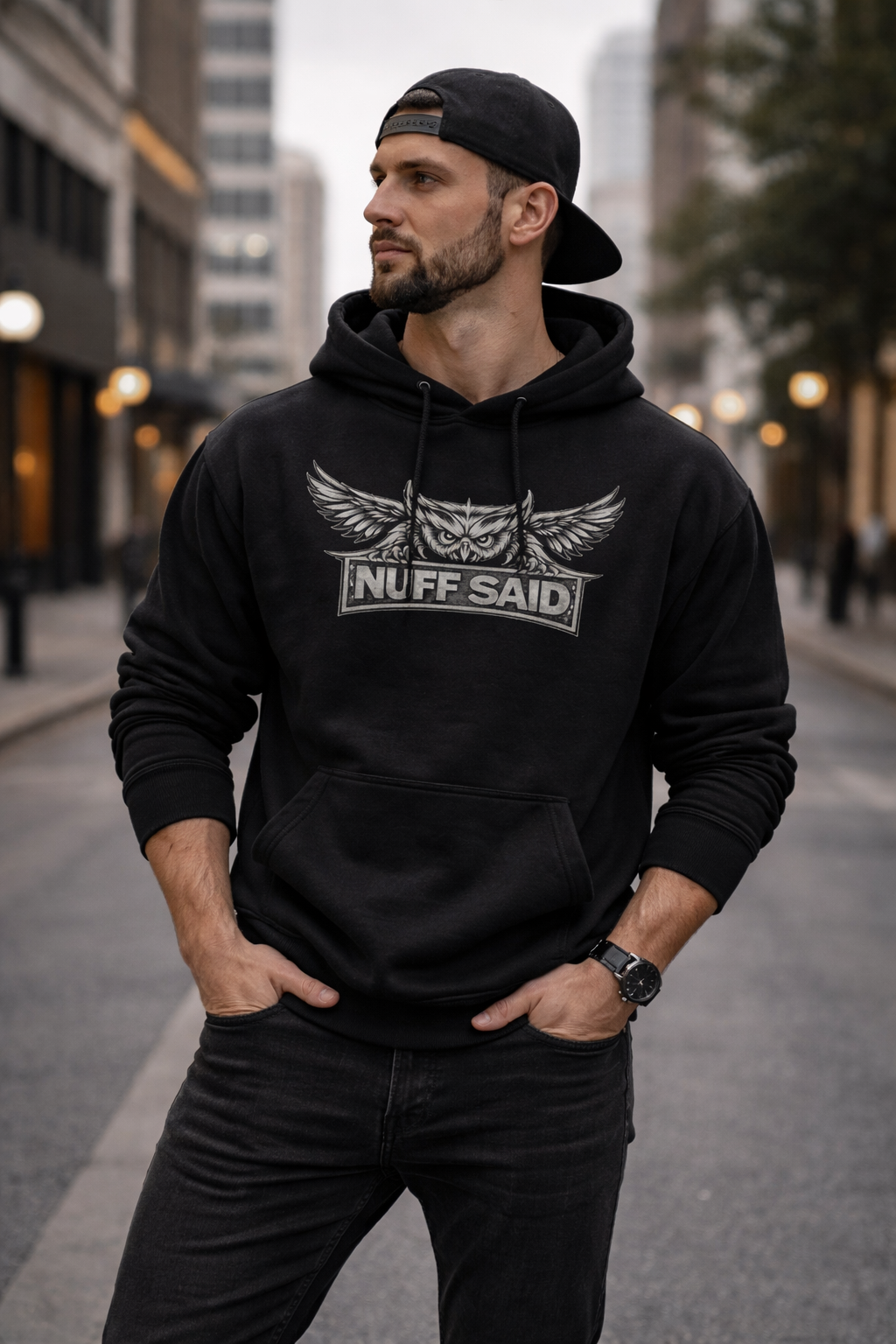 NUFF SAID Owl Logo Hoodie – Black Minimalist Statement Sweatshirt