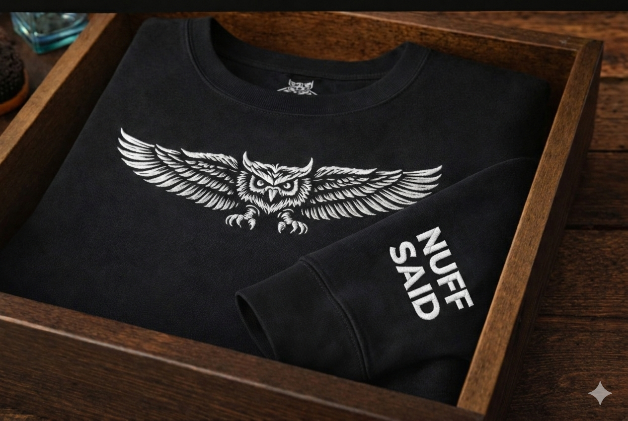 Embroidered NUFF SAID Owl Crewneck — Quiet Confidence