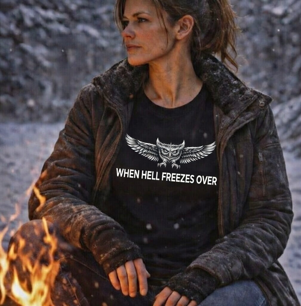 When Hell Freezes Over T Shirt, Owl Graphic Tee, Bold Attitude Apparel