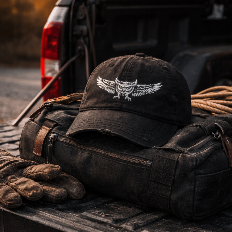 Distressed Embroidered Owl Wing Hat
