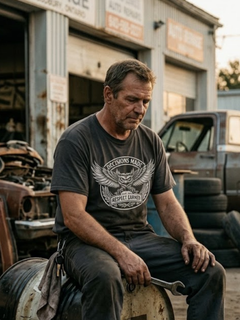 Man sitting on a barrel in front of a garage with tools and equipment.